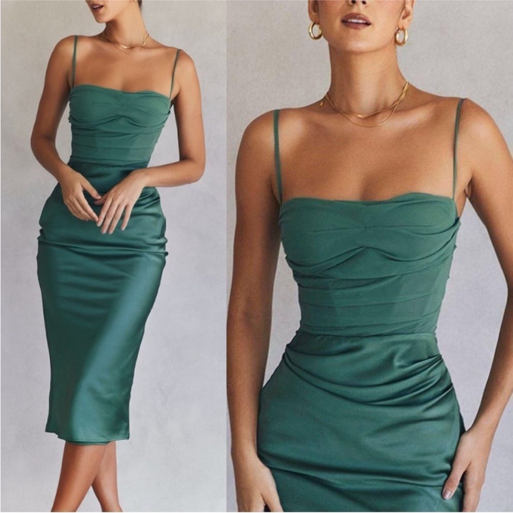 House Of Cb 'Teia' Forest Draped Corset Midi Dress Nwot Xs